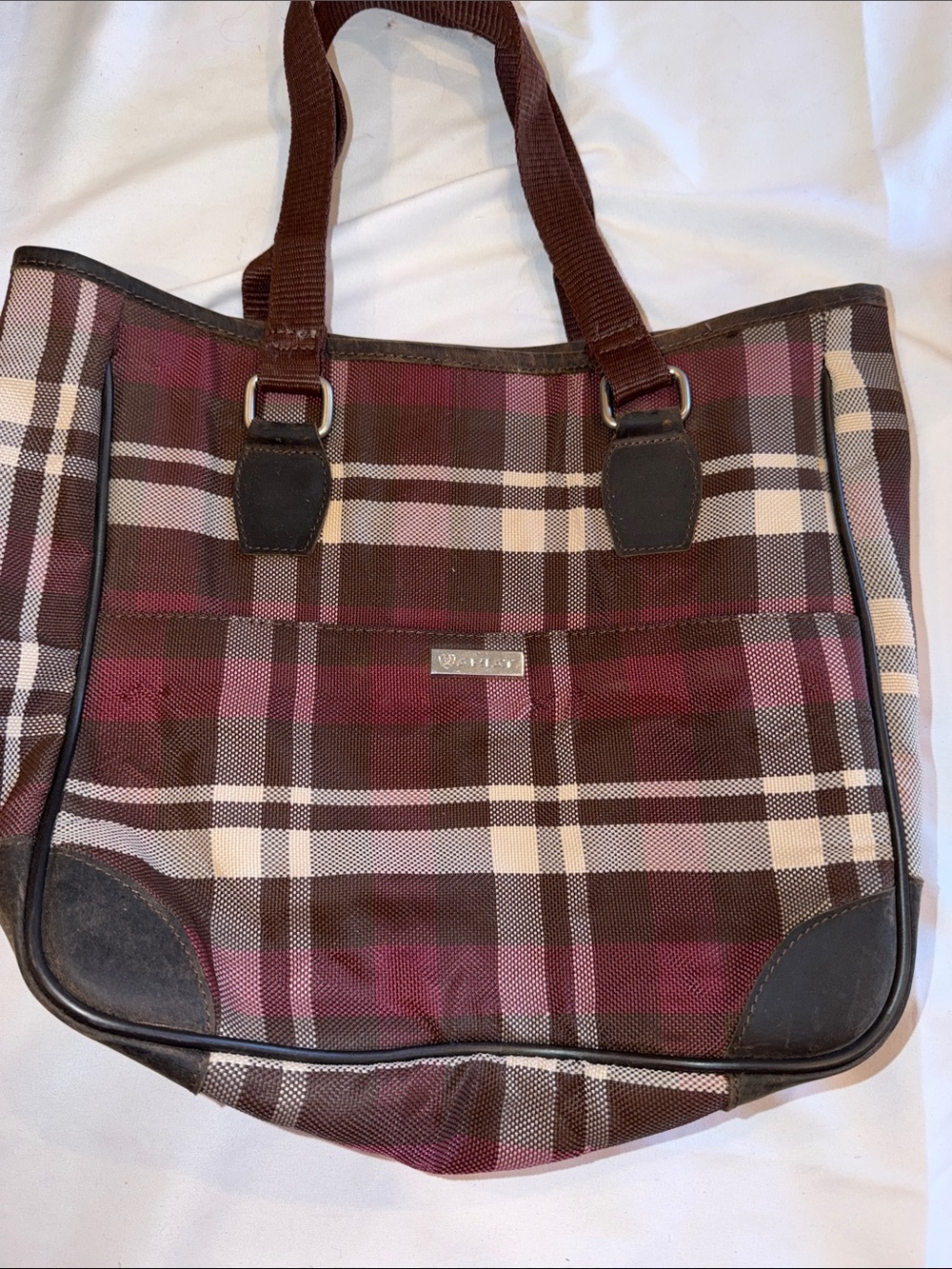 Ariat Plaid Tote Maroon Brown, Black and White nylon Handles leather corners